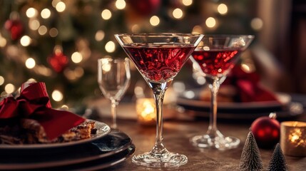 Indoor photo of rum, gin martini, red wine in glasse on a luxurious modern dining christmas