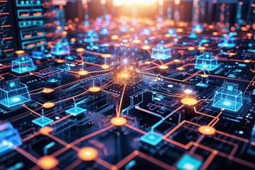 Obraz premium Multicolored Network Security and Technology Landscape with Complex Interlinked Networks and Circuit Diagrams