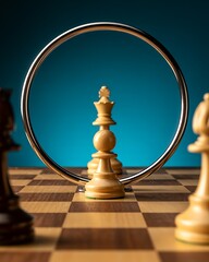 Chess pieces arranged on a board with a circular frame on a blue background in a studio setting
