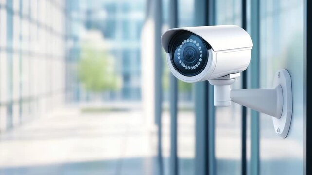 Surveillance camera security technology for modern building glass wall protection and monitoring with digital observation equipment lens mounted indoors and outdoors