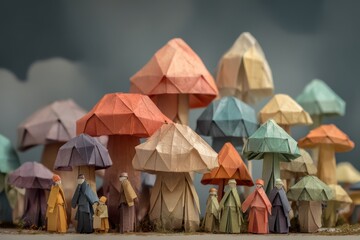Miniature origami mushroom forest with people.