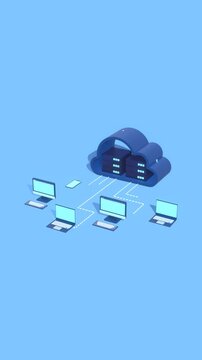 Cloud computing technology concepts animation in vertical video format, showing cloud based servers linking with smart devices to illustrate modern data storage and connectivity.