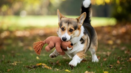 A corgi running on the grass with a toy in its mouth in a park during the daytime in the autumn