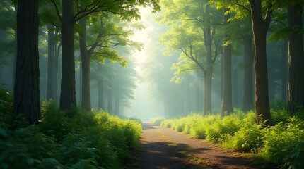 Obraz premium Enchanting forest path with lush greenery and soft light. Ideal for nature, travel, or serene backgrounds. Perfect for websites, articles, and promotional materials.