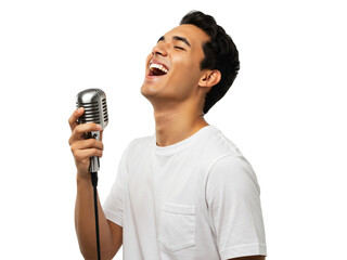 Passionate Young Man Singing into Vintage Microphone