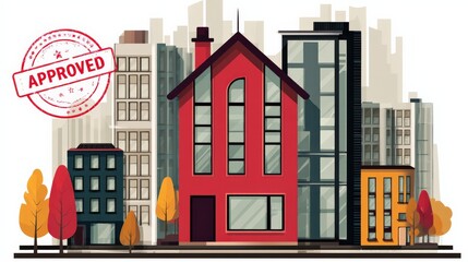 Obraz premium Urban Cityscape with Stylish Red House and Approved Stamp Image