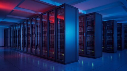 A server room with rows of servers under blue and red lighting in a data center environment space