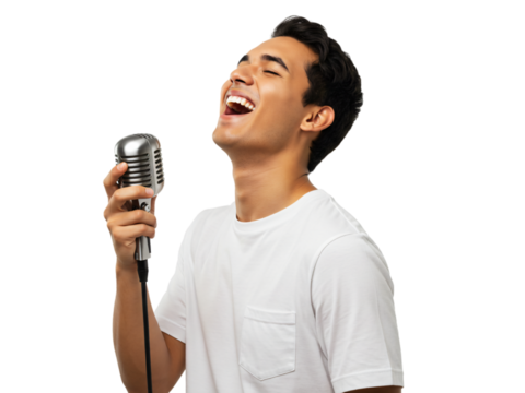 Passionate Young Man Singing into Vintage Microphone