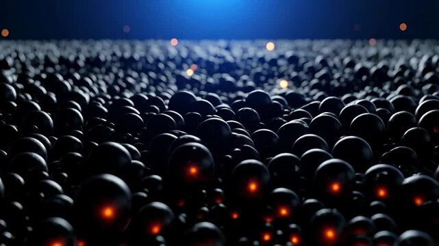 Glowing yellow sphere stands out from a multitude of dark metallic orbs, concept of uniqueness, difference, and prominence in the group, abstract background