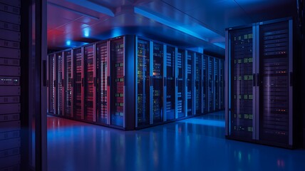 A server room with rows of data servers illuminated by blue and red lights in a dark environment
