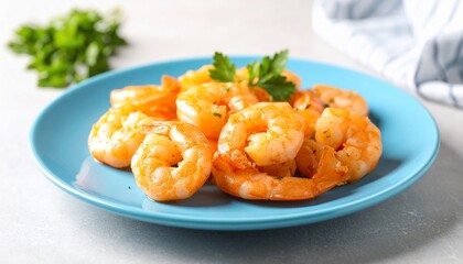 Delicious Cooked Shrimp on a Blue Plate