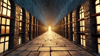 Ancient stone corridor with arched windows and glowing light at end creating mysterious and dramatic atmosphere in long passage tunnel with warm sunlight shining through brick arch window - Powered by Adobe