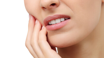 Close up of a young woman suffering from a strong toothache, touching her cheek with her hand, showing white teeth and experiencing dental pain, isolated on transparent background