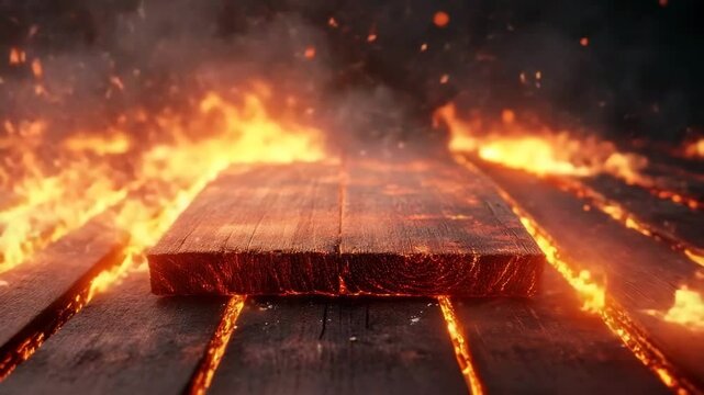 Burning wooden plank with glowing embers and fire flames creating intense heat and charred surface close up view of dramatic fiery atmosphere and burning wood fire flame ember heat charred plank - Powered by Adobe