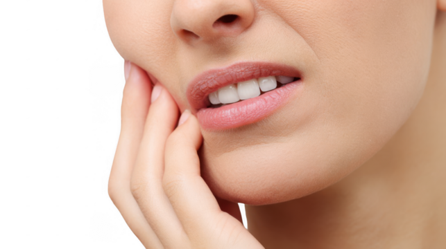 Close up of a young woman suffering from a strong toothache, touching her cheek with her hand, showing white teeth and experiencing dental pain, isolated on transparent background