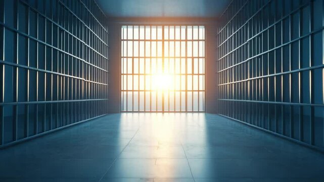 Prison cell interior with metal bars and sunlight shining through, creating dramatic and intense atmosphere of empty confinement, tiled floor, blue wall, and strong security measures