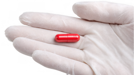 Doctor wearing white medical gloves holds a single red pill in an open palm, presenting it to the viewer against a transparent background, emphasizing its significance in healthcare