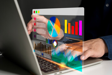 Data analysis dashboard on futuristic laptop screen showing colorful graphs, charts, and statistics