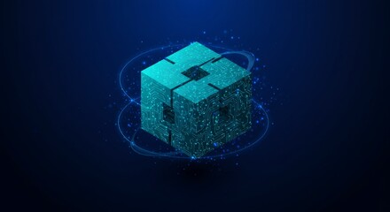 Abstract digital cube with connected particles