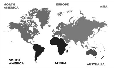 Naklejka premium New modern world map, with names, Europe, Africa, Asia, Australia, North America and South America world map graphic, Countries Silhouettes Stock Illustrations, Vectors