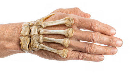 Realistic x ray effect showing bones and joints of a senior woman's hand, highlighting potential age related changes or medical conditions, isolated on a transparent background