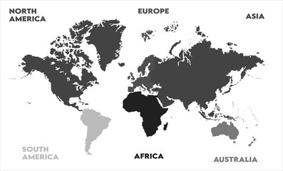 New modern world map, with names, Europe, Africa, Asia, Australia, North America and South America world map graphic, Countries Silhouettes Stock Illustrations, Vectors