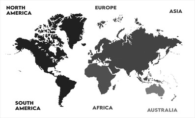 Fototapeta premium New modern world map, with names, Europe, Africa, Asia, Australia, North America and South America world map graphic, Countries Silhouettes Stock Illustrations, Vectors