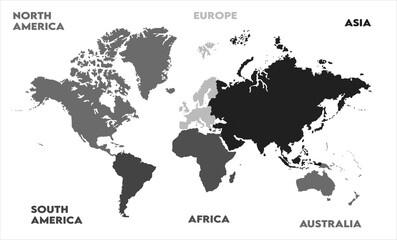 Naklejka premium New modern world map, with names, Europe, Africa, Asia, Australia, North America and South America world map graphic, Countries Silhouettes Stock Illustrations, Vectors