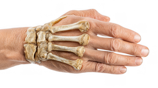 Realistic x ray effect showing bones and joints of a senior woman's hand, highlighting potential age related changes or medical conditions, isolated on a transparent background - Powered by Adobe