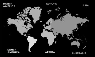 Naklejka premium New modern world map, with names, Europe, Africa, Asia, Australia, North America and South America world map graphic, Countries Silhouettes Stock Illustrations, Vectors