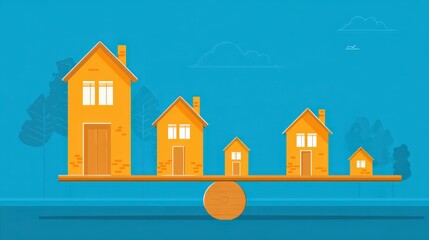 Fototapeta premium Balancing Houses on a See-Saw in a Vibrant Blue Background
