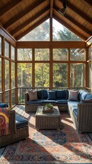 A sunroom with wicker furniture and a large area rug under a wooden ceiling and many windows view