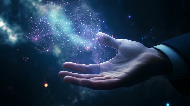 Businessman hand holding a glowing global network connection in the metaverse. Abstract technology background, representing innovation, communication, and big data.