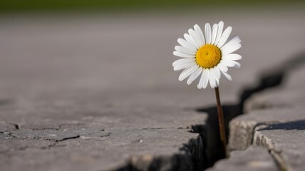 A single daisy growing through a crack in concrete surface showing resilience and determination in nature