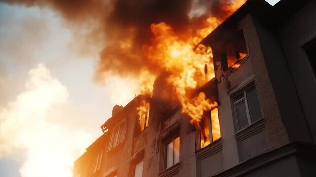 Burning building fire smoke flames emergency destruction disaster blaze apartment window damage danger rescue crisis urban exterior architecture orange smoke plume heat inferno catastrophe large fire