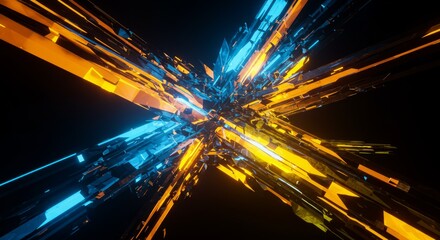 Abstract, vibrant, futuristic design with intersecting lines of glowing orange and blue