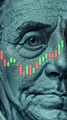 Close up of a hundred dollar bill with a stock market chart overlayed on the face of the bill