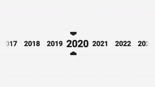Horizontal timeline animation scrolling smoothly to the year 2020. Ideal for history documentaries, educational videos, or year-based content.