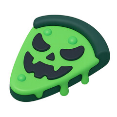 Spooky green pizza slice with a carved jack-o'-lantern face, dripping slime.
