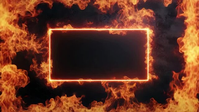 Glowing rectangular frame burning with intense orange and yellow flames dark background, fiery heat and glowing fire creating dramatic and dynamic visual effect with bright burning flame rectangle