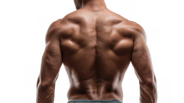 Strong muscular bodybuilder displaying impressive back muscles against a transparent background, creating an ideal cutout image for various image manipulation projects