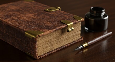 Antique leather-bound book with inkwell and quill