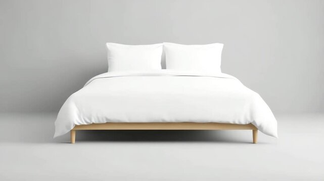 White bedding set on wooden bed frame with two pillows and blanket, creating calm and comfortable bedroom atmosphere for restful sleep and cozy mattress comfort