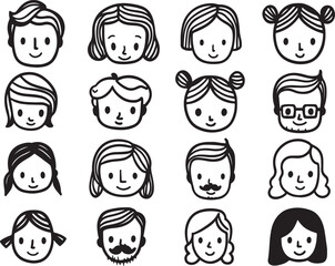 Girls Face Variations Set – Vector, Outline Faces, Doodle, Hand Drawn, Line Art, Cute Cartoon Style
