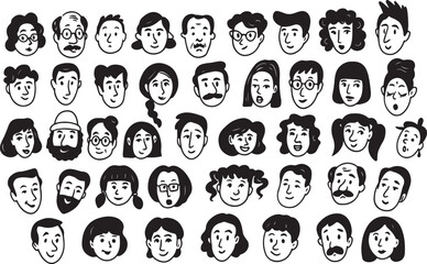 Teen Characters Vector, Cartoon Faces Pack, Hand Drawn Line Art, Young People Portraits, Expression Set, Simple Illustration Design