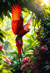 Scarlet Macaw Soaring in Tropical Canopy
