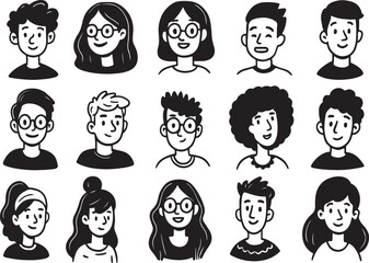 Cartoon People Portraits Vector, Hand Drawn Faces with Glasses, Line Art Characters, Monochrome Avatars Pack, Stylish Illustration, Diverse People Icons