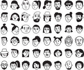 Big Collection of Hand Drawn Faces, Vector Characters Pack, Diverse People Portraits, Monochrome Line Art, Expression Pack, Sketch Style