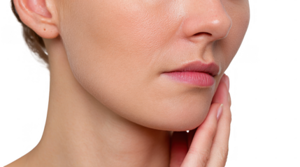 Close up of a woman gently touching her swollen cheek, experiencing discomfort and potential inflammation, isolated on a transparent background