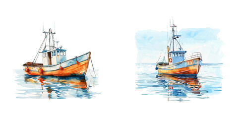 calm ocean with fishing boat watercolor vector illustration